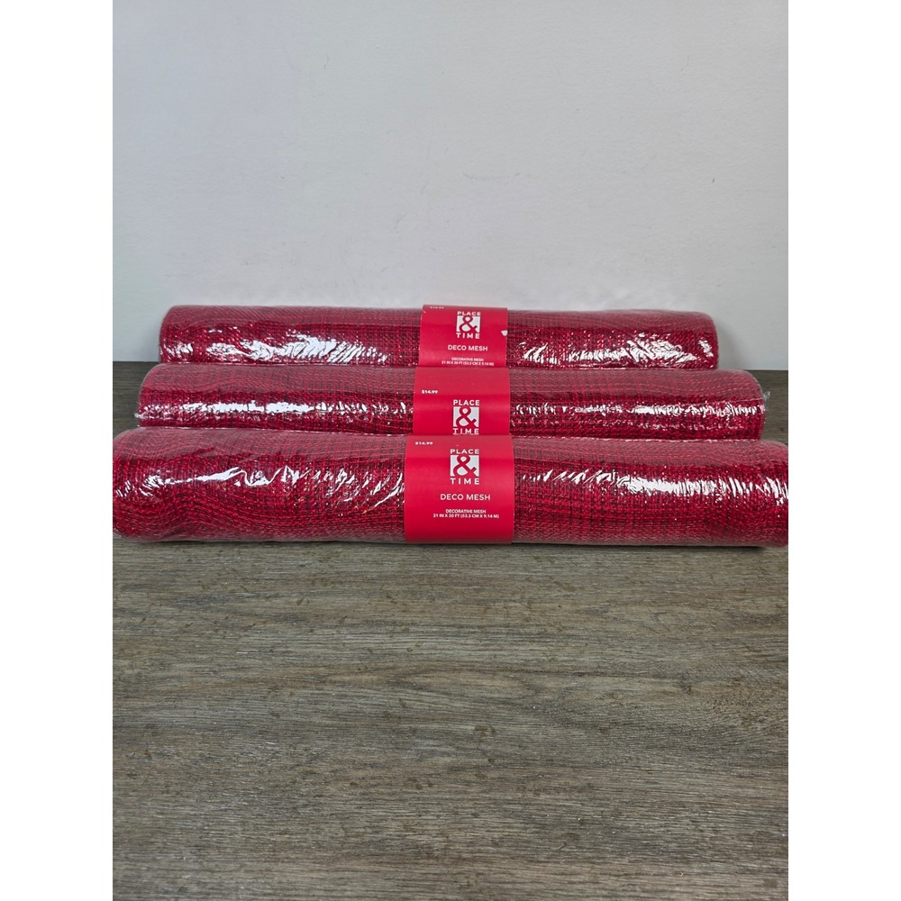Lot of Three (3) Rolls Red Deco Mesh Place & Time NEW Crafts Wreath Making